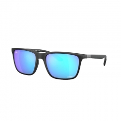 Ray Ban Occhiali da sole modello avvolgente, colore nero opaco, lente blu specchiato polarizzato